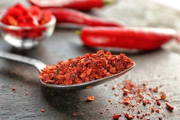 Red chili flakes in metal spoon on dark table