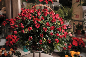 Fototapeta na wymiar Bouquet of 100 red roses on the basket