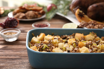 Turkey stuffing in blue casserole dish on kitchen table