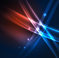 Energy lines, glowing waves in the dark, vector abstract background