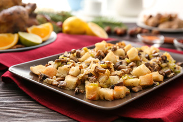 Turkey stuffing on plate in kitchen