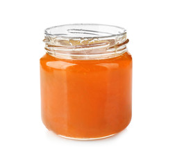 Apricot jam in jar, isolated on white