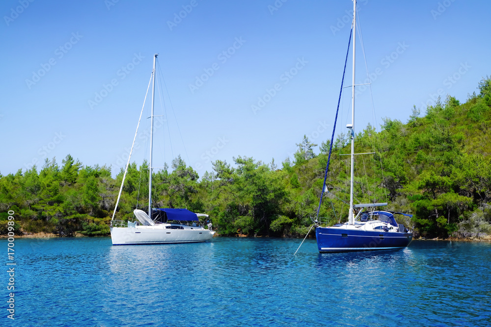 Poster Beautiful view with modern boats in tropical resort