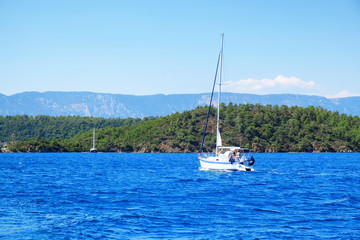 Fototapeta na wymiar Beautiful view with modern boat in tropical resort