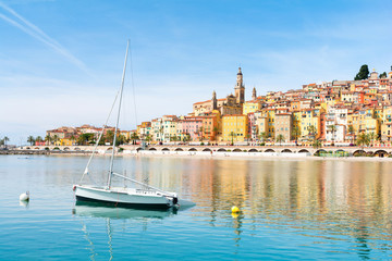 beautiful view on Menton town on french riviera, cote d'azur, south France