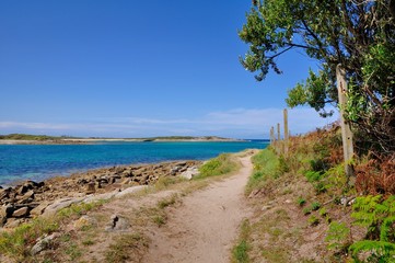 Fototapeta na wymiar Paysages et sentier côtier sur l'île Grande en Bretagne , Pleumeur-Bodou
