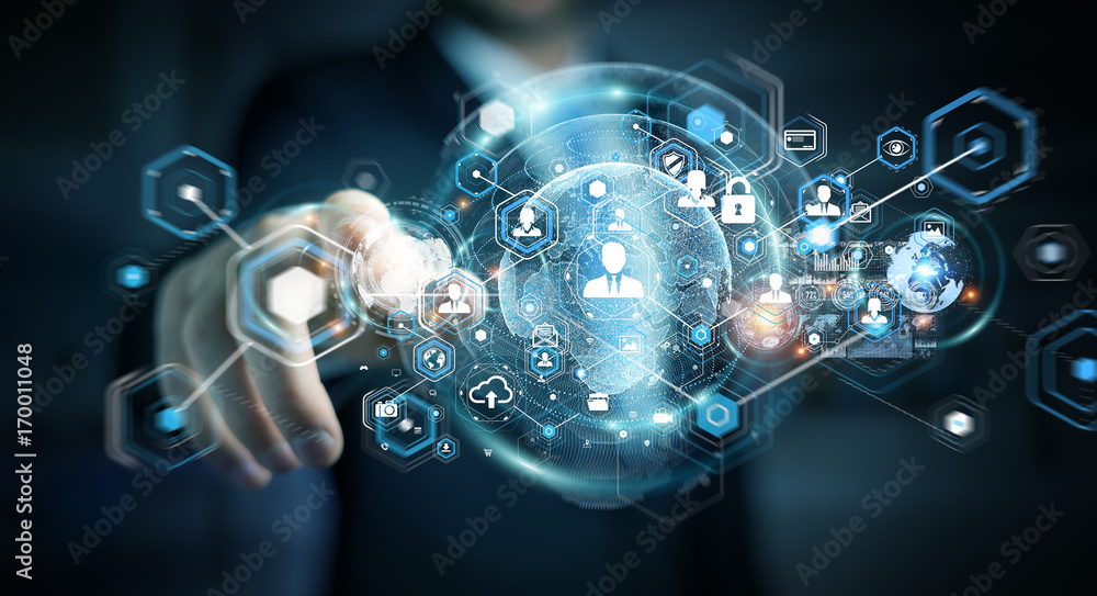 Poster Businessman using social network interface 3D rendering