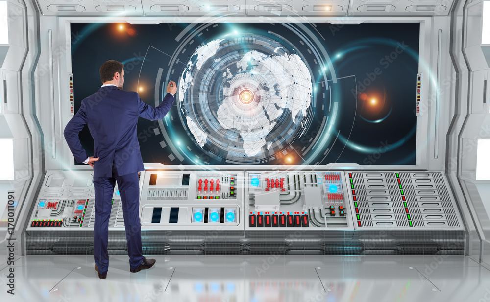Poster businessman using digital planet earth interface on a board 3d rendering