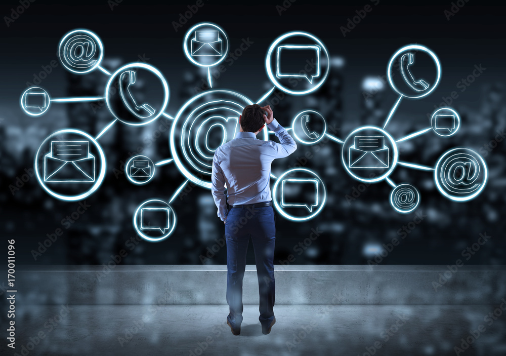 Poster businessman watching contact and internet sketch on a rooftop 3d rendering