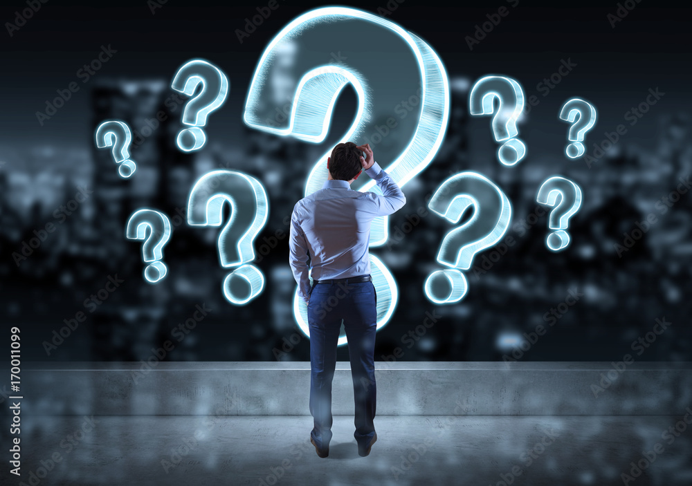 Aufkleber businessman watching question marks sketch on a rooftop 3d rendering