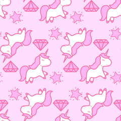 Cute pink unicorn with diamonds and stars. Seamless pattern. Cartoon vector illustration
