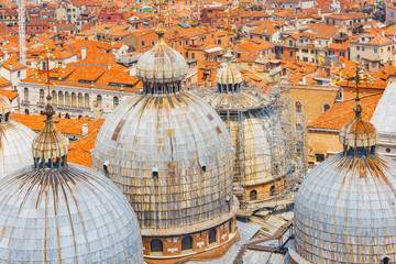 Panoramic view of Venice from the Campanile tower of St. Mark's Cathedral (Campanile di San Marco)-  the Cathedral of Saint Mark (Basilica di San Marco).Italy.