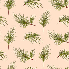 Pine tree branches on pale pink background seamless vector pattern.