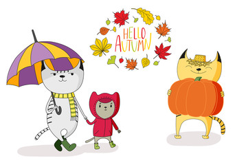 Hand drawn vector illustration of cute cats, with umbrella, in rain coat, with big pumpkin, with wreath of leaves and text Hello Autumn.