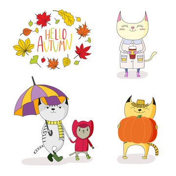 Hand drawn vector illustration of cute cats, in rain coat, with umbrella, pumpkin, paper cup, with wreath of leaves and text Hello Autumn.