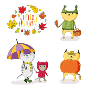 Hand drawn vector illustration of cute cats, in rain coat, with umbrella, mushrooms, pumpkin, with wreath of leaves and text Hello Autumn.