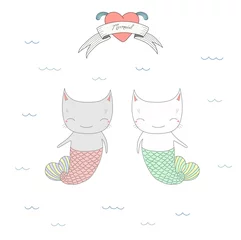 Fotobehang Hand drawn vector illustration of two cute little mermaid cats with tails, swimming in the sea, heart and text Mermaid on a ribbon. © Maria Skrigan