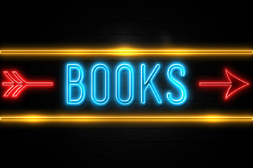 Books  - fluorescent Neon Sign on brickwall Front view