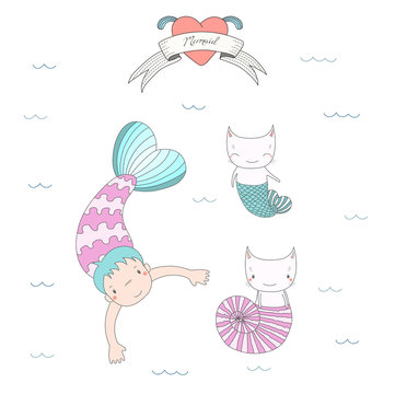 Hand drawn vector illustration of a cute mermaid girl and two cats with fish tail and in a sea shell, swimming under water, heart and text.