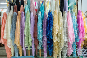 Colorful fabric thai style in fabric market thailand.