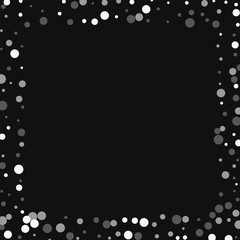 Falling white dots. Square scattered border with falling white dots on black background. Vector illustration.