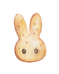 Watercolor painting of Cookies in rabbit shape isolated on white background, food menu item Illustration, food drawing in vintage style