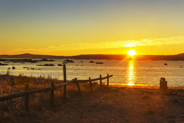 Fototapeta na wymiar Fenced coastal dune at sunset