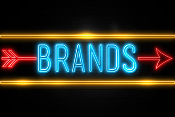 Brands  - fluorescent Neon Sign on brickwall Front view