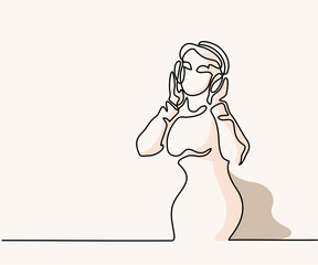 Woman listening to music on headphones. Continuous line drawing with soft colors. Vector illustration