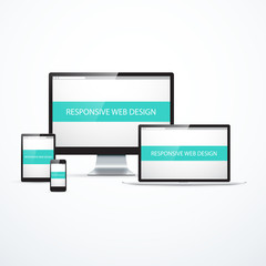 Concept of responsive web design. Set of smart phone, tablet, laptop and computer monitor