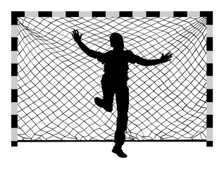 Handball (soccer) goalkeeper silhouette vector. Goalkeeper silhouette, black icon and net isolated on white background.