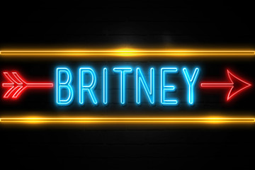 Britney  - fluorescent Neon Sign on brickwall Front view
