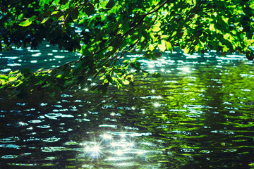 Beautiful emerald lake, surrounded with lush trees, bright sunlight sparkling on water surface