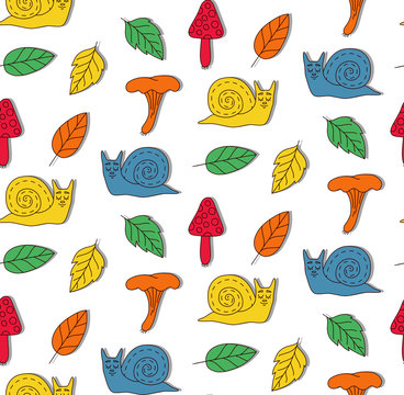 Colorful snails leafs mushrooms seamless vector pattern
