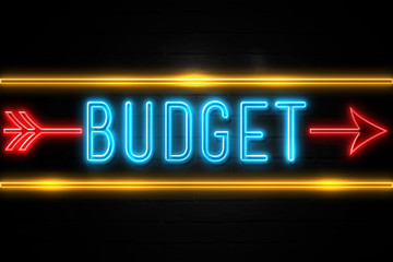 Budget  - fluorescent Neon Sign on brickwall Front view