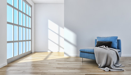 Modern bright living room, white wall. 3D rendering