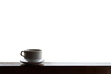 Cup of hot drinks with steam on wood table, isolated on white background, hot coffee, tea, chocolate and etc.