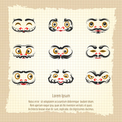 Daruma dolls cute emotional faces on vintage background. Vectorillustration