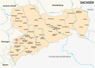 Map of the state Saxony with the most important cities in german language