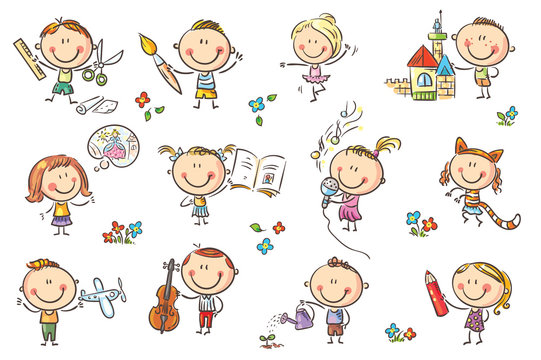 Funny cartoon kids engaged in different creative activities like drawing, singing, modelling and so on. No gradients used, easy to print and edit. Vector files can be scaled to any size.