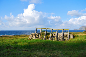 Old window frames on a Nordic Sea shore in meadow