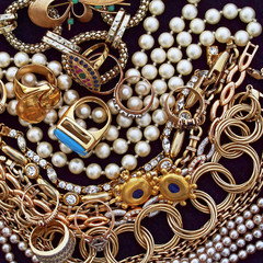 a collection of  precious golden jewels on black velvet background