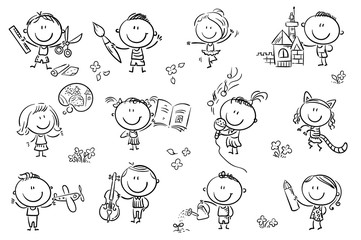 Funny cartoon kids engaged in different creative activities like drawing, singing, modelling and so on. No gradients used, easy to print and edit. Vector files can be scaled to any size.