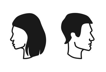 Vector isolated man and woman heads in profile. Icon of male and female faces