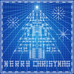 The electronic board in the form of a Christmas tree on blue background. Vector illustration.