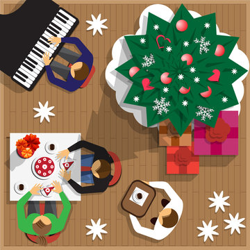 Christmas cafe. Top view. Vector illustration.