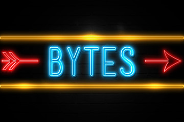 Bytes  - fluorescent Neon Sign on brickwall Front view