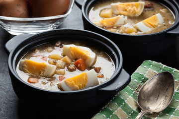 The sour soup made of rye flour with eggs