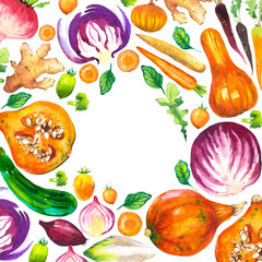 Watercolor illustration with round composition of farm illustrations. Vegetables set: pumpkin, zucchini, onion, tomato, cabbage, broccoli, beets, carrots, ginger, plum. Fresh organic food.