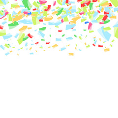 Falling bright confetti abstract background. Festive colorful surprise greeting card layout template. Vector illustration